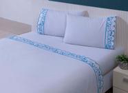 Jogo Lençol 4 Peças Cama Viúva Percal 200 Fios Bordado Azul