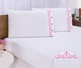 Jogo lençol quarto casal king bordado 3 peças branco rose