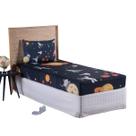 Jogo Lençol Roupa Cama Box Infantil Solteiro 2 Pçs Fronha Elastico Quarto Criança Menino Simples Astronauta Marinho