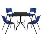 Jogo Mesa 70x70 Preta Bares Restaurantes Lanchonetes cozinha Com 4 Cadeiras Empilhável Iso Azul