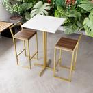Jogo Mesa Alta Bistrô Quadrada Branca 2 Banquetas Imbuia Confort Industrial Dourado