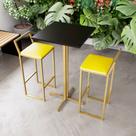 Jogo Mesa Alta Bistrô Quadrada Preta 2 Banquetas Estofado Confort Industrial Dourado