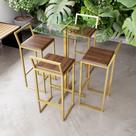 Jogo Mesa Alta Bistrô Quadrada Vidro 4 Banquetas Imbuia Confort Industrial Dourado