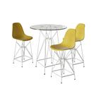 Jogo Mesa Bistrô Eames Vidro 60cm 3 Banquetas Amarela Base Ferro Branco