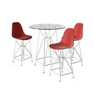 Jogo Mesa Bistrô Eames Vidro 60cm 3 Banquetas Vermelha Base Ferro Branco