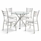 Jogo Mesa Jantar Pé Palito Cromada + 4 Cadeiras Reforço Assento Grosso Branco Vidro 90cm