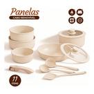 Jogo Panelas 11 Pçs Antiaderente Cabo Removível Tampa Vidro 3 Colheres De Silicone
