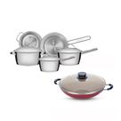 Jogo Panelas 5Pç Inox + Panela Wok 36Cm Vermelha Tramontina