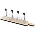Jogo para Sobremesas / Shot com 04 Copos Colheres e Base em Madeira Jogo para Sobremesas / Shot com 04 Copos Colheres e Base em Madeira