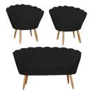 Jogo Pétala Namoradeira e 2 Poltronas Estofada Para Recepção Suede Preto - LM DECOR