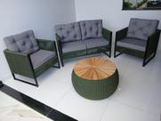Jogo Poltronas Sofá e Mesa em Corda Náutica Cor Verde Militar Jardim Varanda Sacadas Sala Star