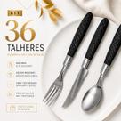 Jogo Talheres 36 Peças Garfo Colher Faca Cabo Preto Aço Inox