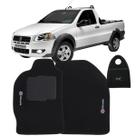 Jogo Tapete Carpete + Lixeira Fiat Strada Cab. Simples 2007 à 2012 Soft Logo Bordado Preto 3 Peças