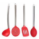 Jogo Utensilios Cozinha Silicone Cabo Metal 04 Pçs Vermelho