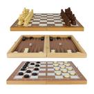 Jogo Xadrez Damas Gamão 3 em 1 Tabuleiro de Madeira 29x29cm com Estojo