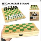 Jogo Xadrez E Damas Em Madeira Vira Estojo Padrão Escolar 2 em 1 ( 32 peças de xadrez + 24 peças de dama )