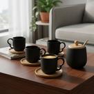 Jogo Xícaras Café Porcelana 90ml Hauskraft Oásis Preto com Pires de Bambu e Açucareiro