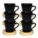 Jogo Xícaras Porcelana 120ml Preta Café Pires Madeira 12 Peças