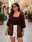 Kimono Casaco Feminino Plus Size Em Tricô Modal Manga 3/4