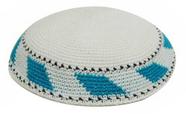 Kipá de tricô Zion Judaica branca e verde-água 15 cm