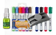 KIT 01 Apagador Plástico Para Quadro Branco Com Porta Canetas 9074 STALO + 10 Marcadores Para Quadro Branco BRW + 01 Limpador Para Quadro Branco Líqui