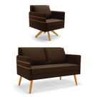 Kit 01 Namoradeira 02 Lugares e 01 Poltrona Mari Suede Marrom Base de Madeira Ma30