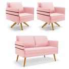 Kit 01 Namoradeira 02 Lugares E 02 Poltronas Mari Suede Rosa Bebê Base De Madeira Ma30 - D'Rossi