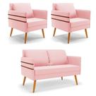 Kit 01 Namoradeira E 02 Poltronas Suede Rosa Bebê Castanho