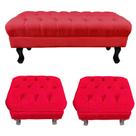 Kit 01 Puff Calçadeira Retrô 1,00 Metro Luis Xv Mais 02 Puffs 50X40 cm Capitonê Suede Vermelho - DS Estofados