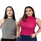 Kit 02 Blusa Feminina Regata Gola Alta Malha Canelada