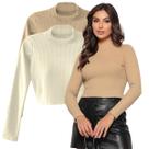 Kit 02 Blusas Cropped Manga Longa Blusinha Feminina Ribana Premium Cropped Gola Alta Moda Blogueira