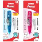 Kit 02 Fitas Corretiva Correction Tape Rosa e Azul Retrátil 5mm x 6m + Refil Grátis Pentel