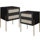 Kit 02 Mesas de Cabeceira 02 Gavetas com Telinha Industrial Indy A03 Nero Dourado - Lyam Decor