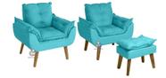 Kit 02 Poltrona/Cadeira Decorativa E Puff Glamour Azul Turquesa Com Pés Quadrado - Azul Turquesa