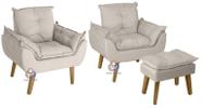 Kit 02 Poltrona/Cadeira Decorativa E Puff Glamour Opala Bege Com Pés Quadrado Kit 02 Poltrona/Cadeira Decorativa E Puff Glamour Opala Bege Com Pés Quadrado