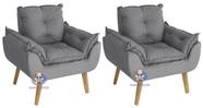 Kit 02 Poltrona/Cadeira Decorativa Glamour Opala Cinza Com Pés Quadrado - Cinza
