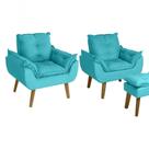 Kit 02 Poltrona Decorativa Confortável Com Puff Glamour Opala Com Pés Quadrado Azul Turquesa
