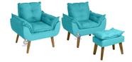 Kit 02 Poltrona Decorativa Confortável com Puff Glamour Opala Com Pés Quadrado Azul Turquesa