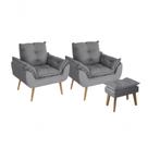 Kit 02 Poltrona Decorativa Confortável Com Puff Glamour Opala Com Pés Quadrado Cinza