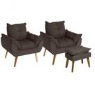 Kit 02 Poltrona Decorativa Confortável Com Puff Glamour Opala Com Pés Quadrado Marrom