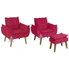 Kit 02 Poltrona Decorativa E Puff Opala Vermelho Com Fibra De Silicone E Pés Quadrado