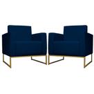 Kit 02 Poltrona Decorativa Leticia Slim Base Metal belo tok Suede Azul Marinho
