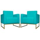 Kit 02 Poltrona Decorativa Leticia Slim Base Metal belo tok Suede Azul Turquesa