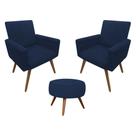 Kit 02 Poltrona Decorativa Nina + Puff Redondo Classic Suede Azul Marinho
