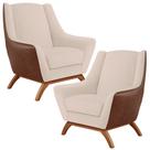 Kit 02 Poltronas Base Em Madeira Juliet D02 material sintético Marrom B-38 Linho Bege C-107 - Lyam Decor