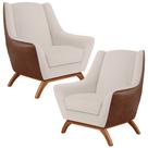 Kit 02 Poltronas Base Em Madeira Juliet D02 material sintético Marrom B-38 Linho Cru C-443 - Lyam Decor