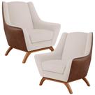 Kit 02 Poltronas Base Em Madeira Juliet D02 Sintético Marrom B-38 Linho Cru C-443 - Lyam Decor
