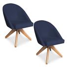 Kit 02 Poltronas Cadeira Giratória Bela Veludo Azul Marinho Base de Madeira - Pallazio