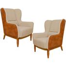 Kit 02 Poltronas Decorativa Base de Madeira Milena D02 Linho Bege C-129 Corano Marrom - Lyam Decor