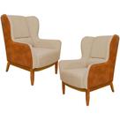 Kit 02 Poltronas Decorativa Base de Madeira Milena D02 Linho Bege C-129 Material Sintético Marrom - Lyam Decor